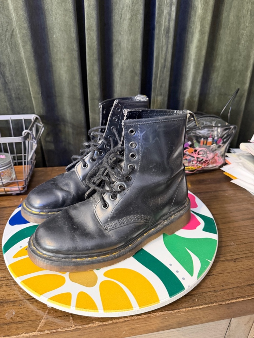 Dr. Martens Black Leather Lace-Up Ankle Boots with Yellow Pull Tabs